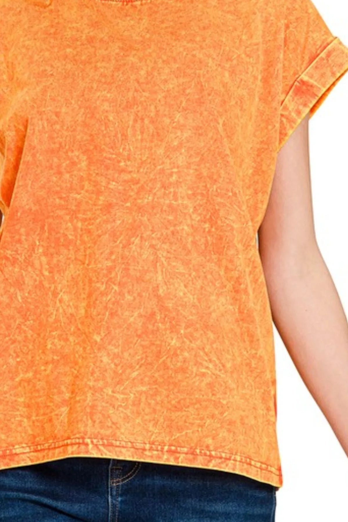 Zenana Crinkle Washed Round Neck Folded Short Sleeve Tee OutfitFlow