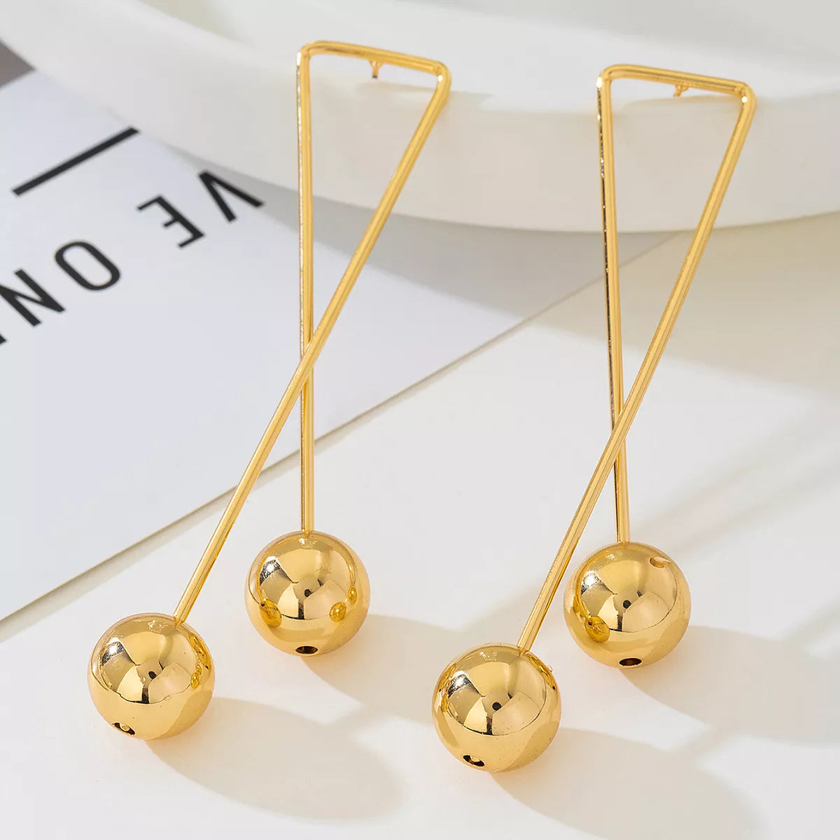 Modern Geometric Triangle Gold Ball Drop Earrings OutfitFlow
