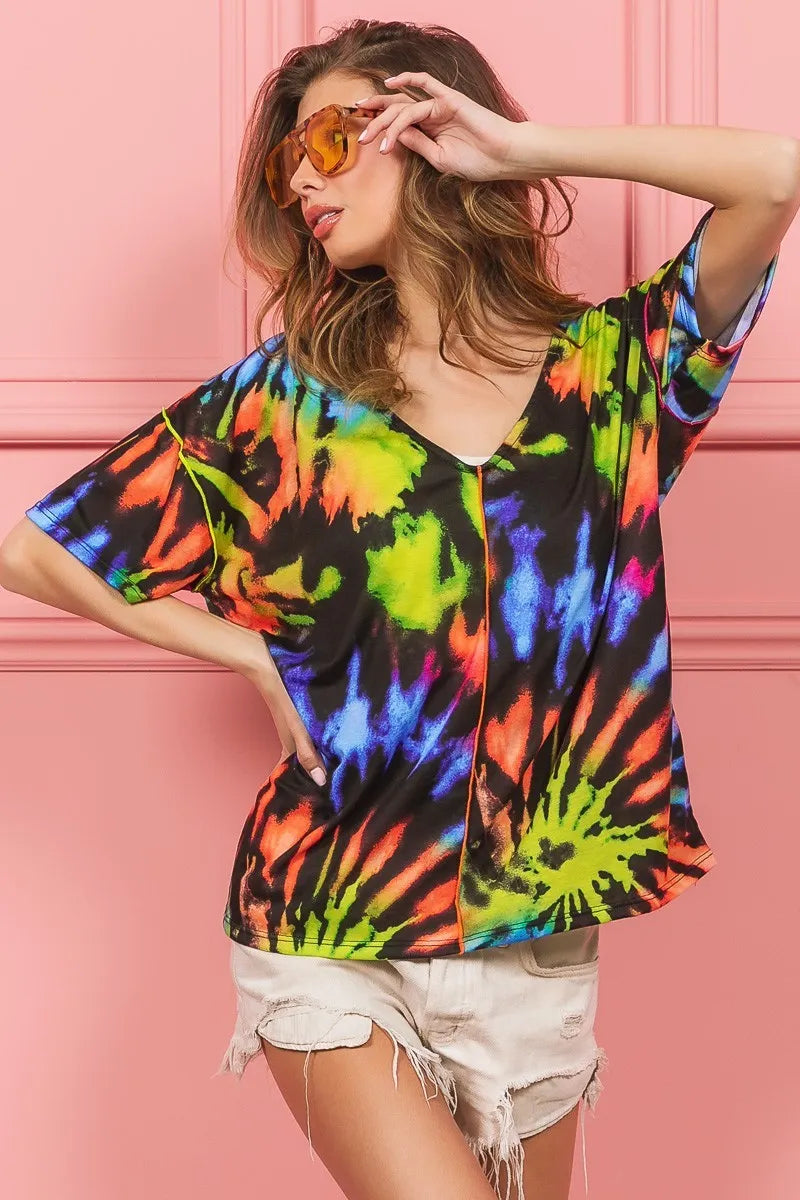 BiBi Tie Dye Print Jersey Stitched V Neck Top OutfitFlow