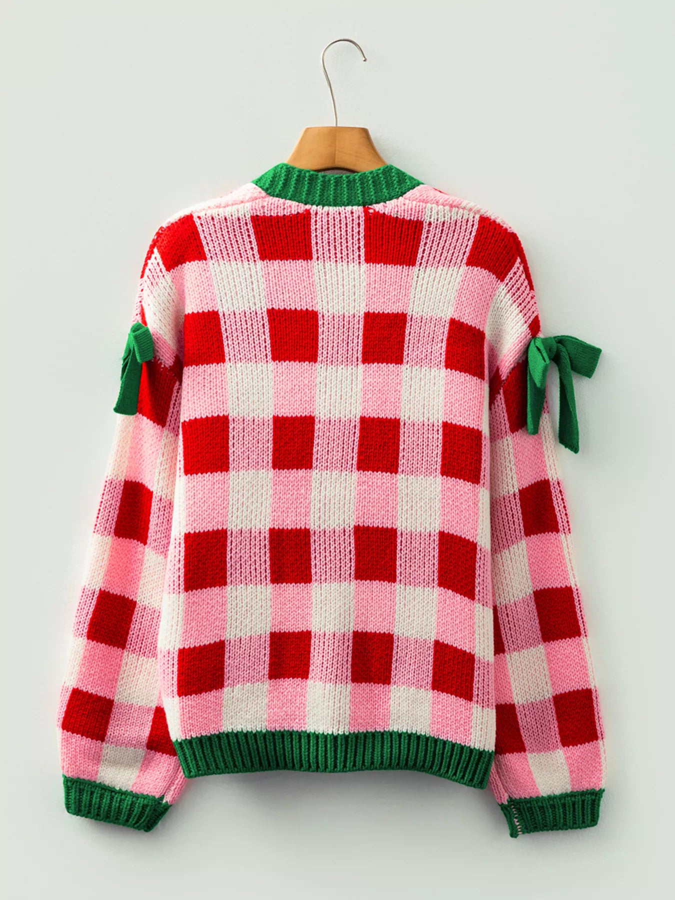 Checkered Bow-Tie Sleeve Knit Christmas Cardigan OutfitFlow