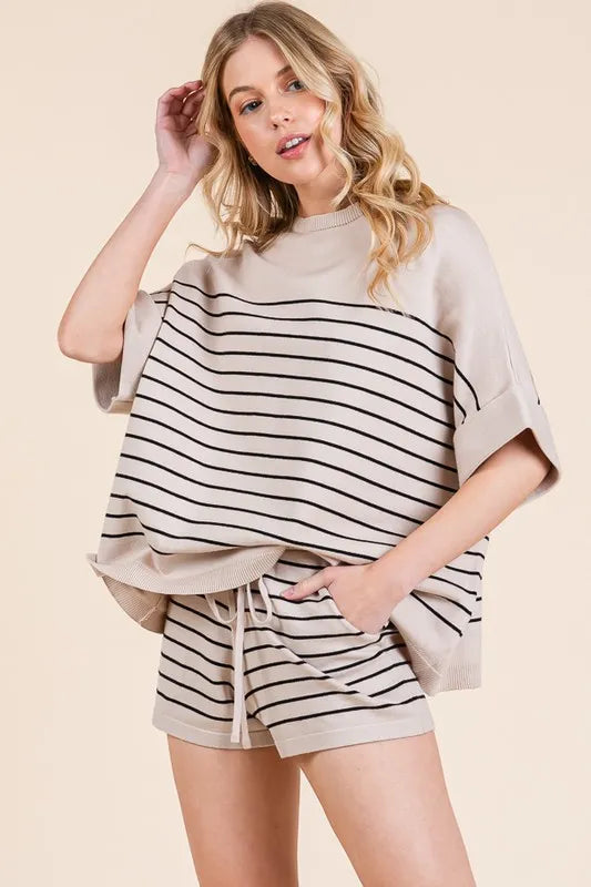 Lime 'N' Chili Striped Folded Half Sleeve Top and Shorts Set OutfitFlow