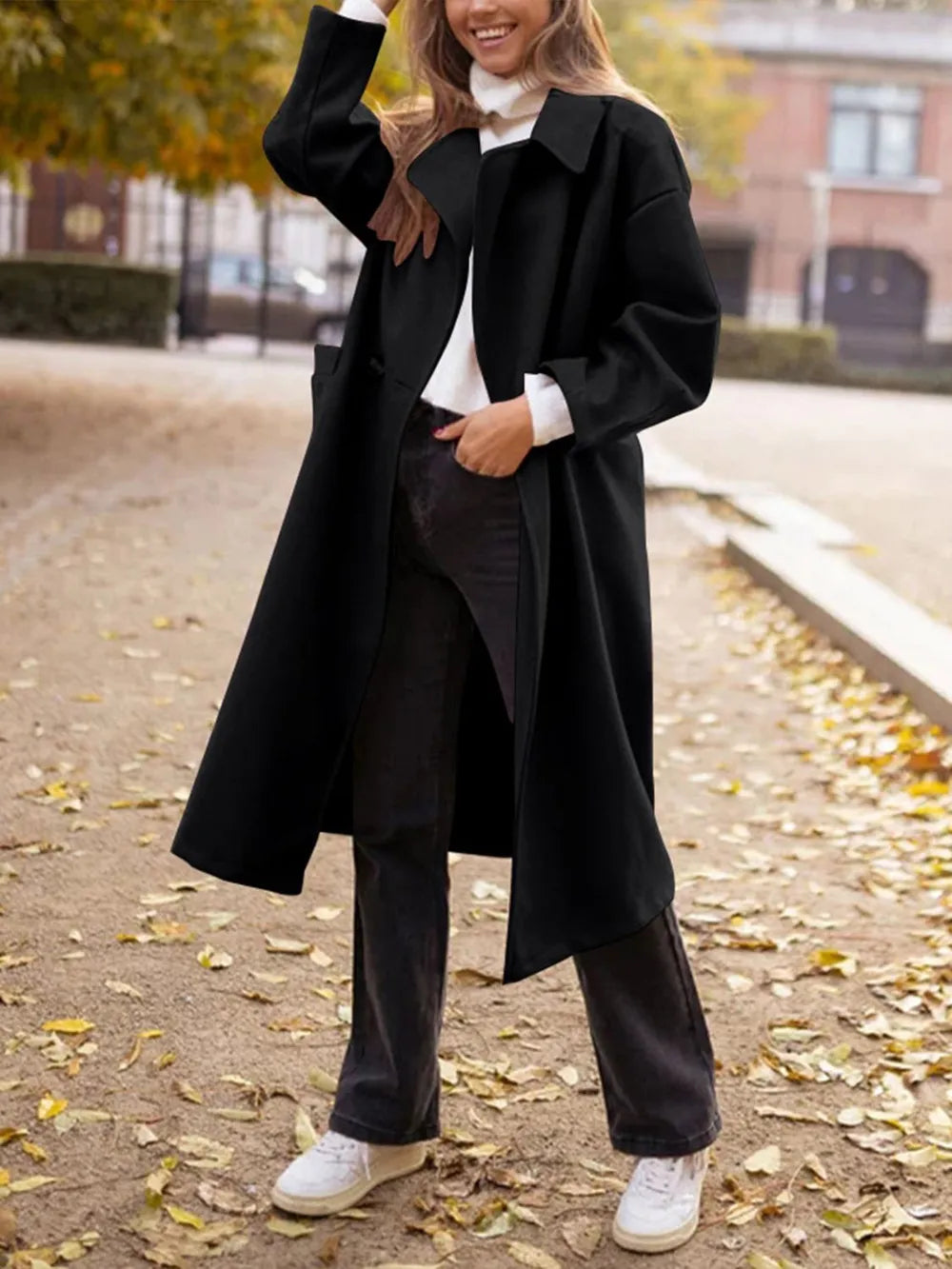 Pocketed Collared Neck Long Sleeve Coat Black Trendsi