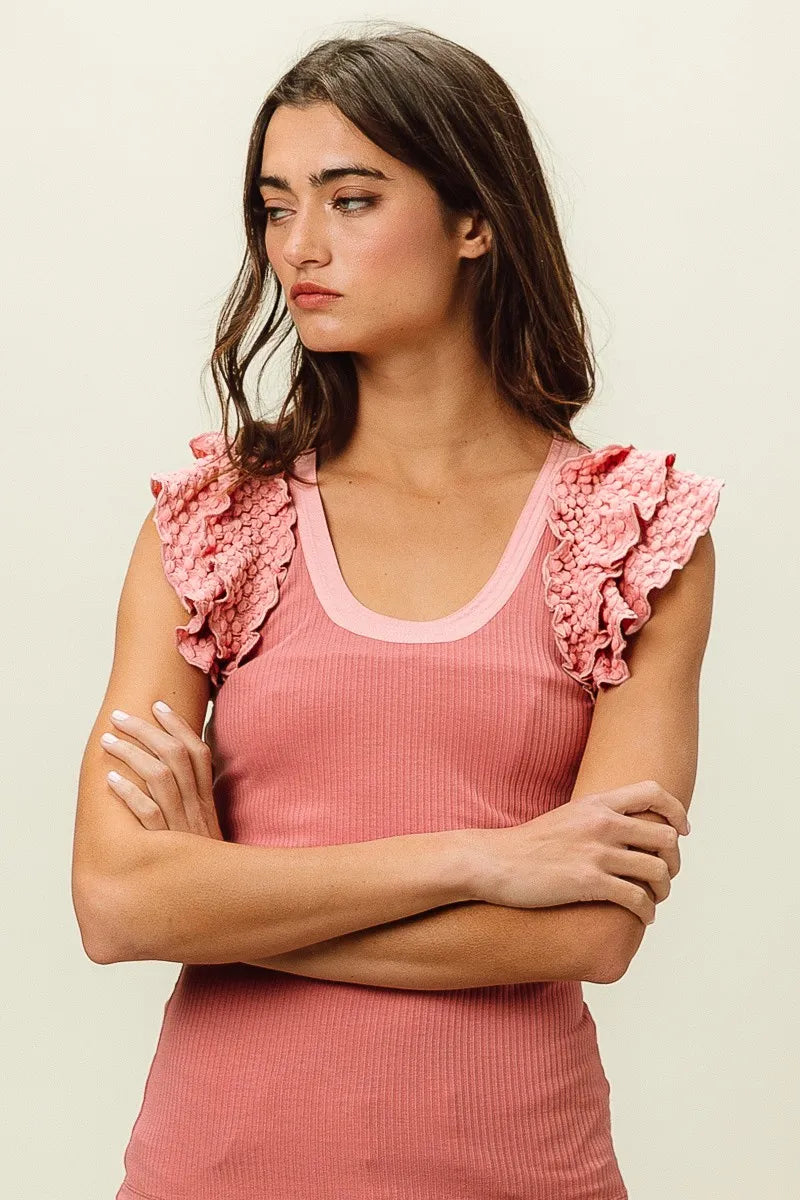 BiBi Rib Knit With Textured Ruffled Top OutfitFlow