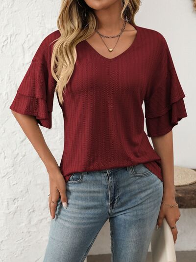 Mandy V-Neck Ruffle Half Sleeve Top OutfitFlow