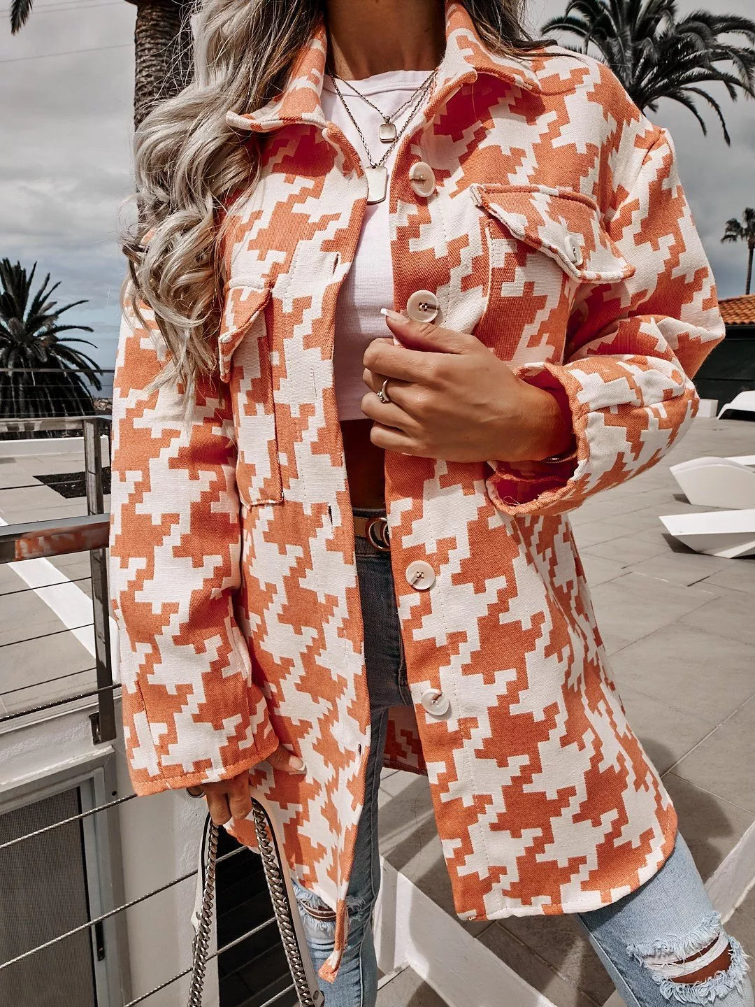 Houndstooth Button Up Long Sleeve Outerwear Tangerine OutfitFlow
