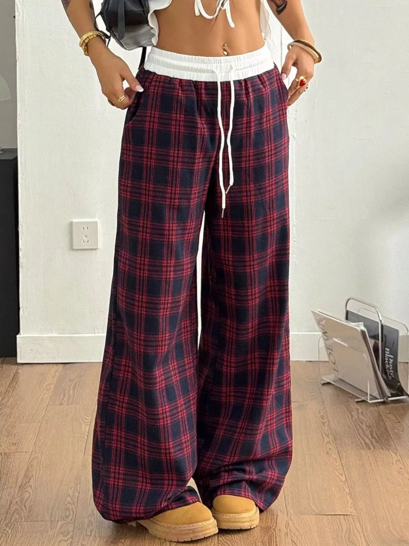 Plaid Wide-Leg Pants with Elastic Waistband OutfitFlow