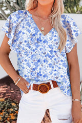 Flutter Sleeve Notched Floral Summer Blouse Light Blue OutfitFlow