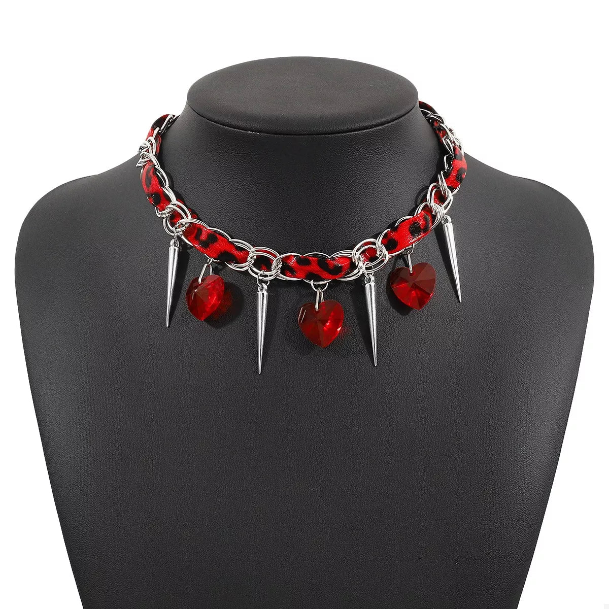 Heart Charm Choker Necklace with Metal Spikes OutfitFlow