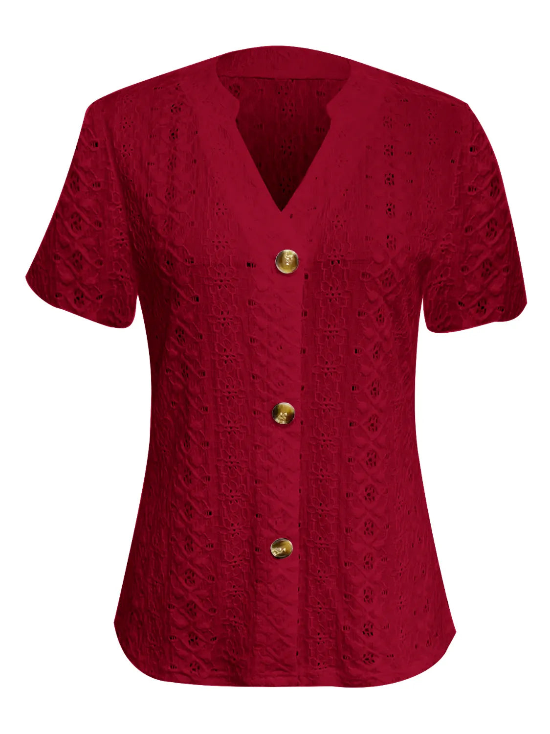 Openwork Notched Short Sleeve Top OutfitFlow