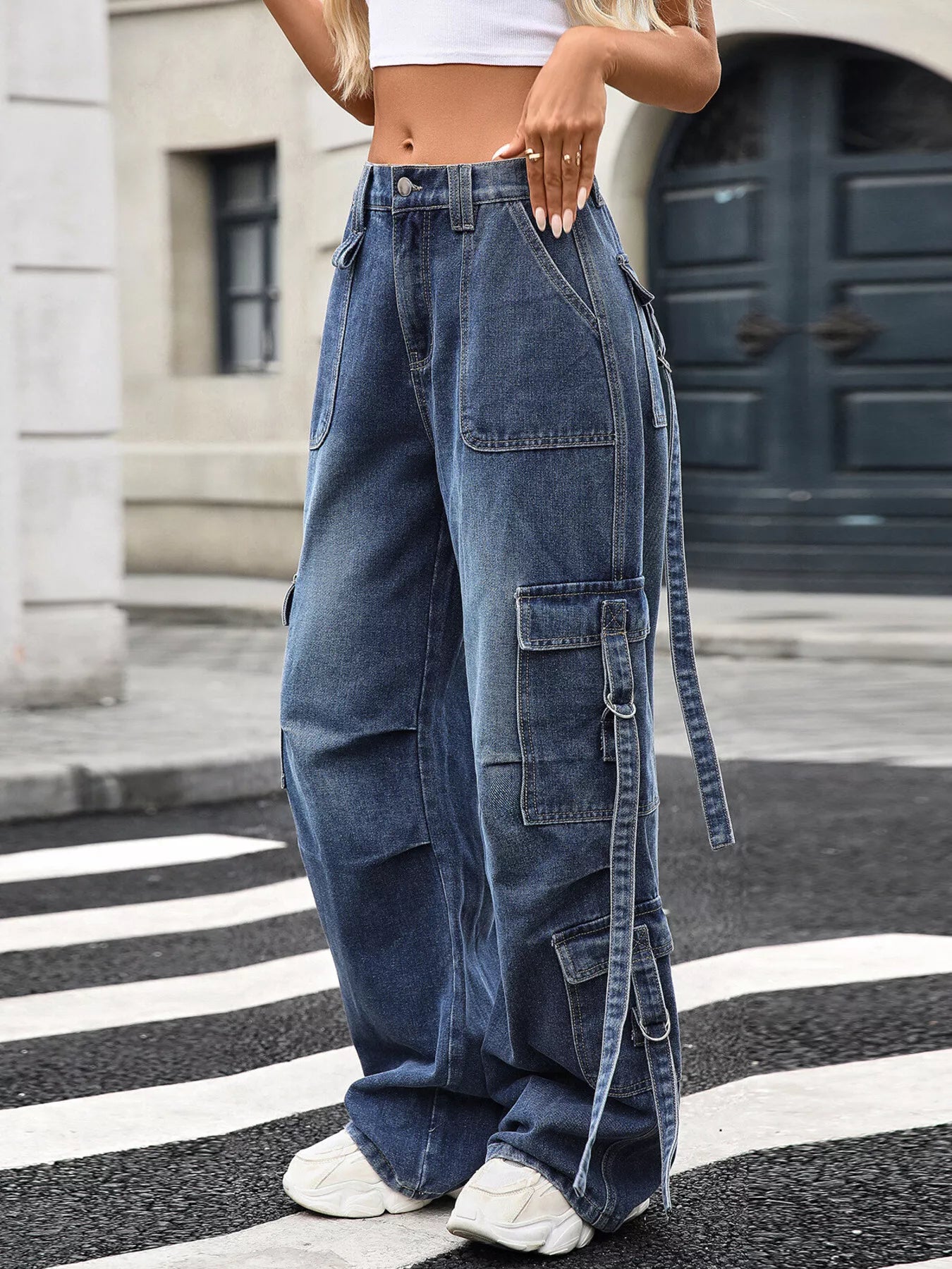 Wide Leg Cargo Jeans Blue OutfitFlow