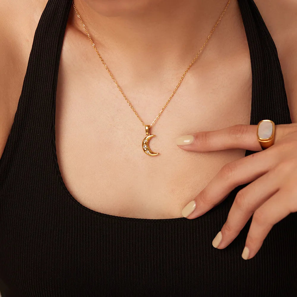 Crescent Moon Inlaid Zircon Pendant Necklace OutfitFlow