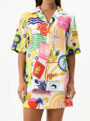 Printed Button Up Shirt and Skirt Set OutfitFlow