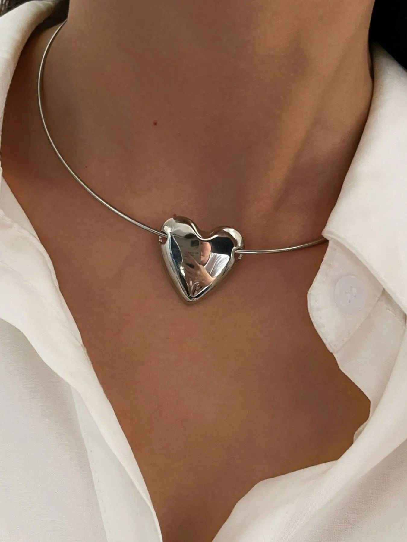 Stainless Steel Heart Pendant Choker Necklace OutfitFlow