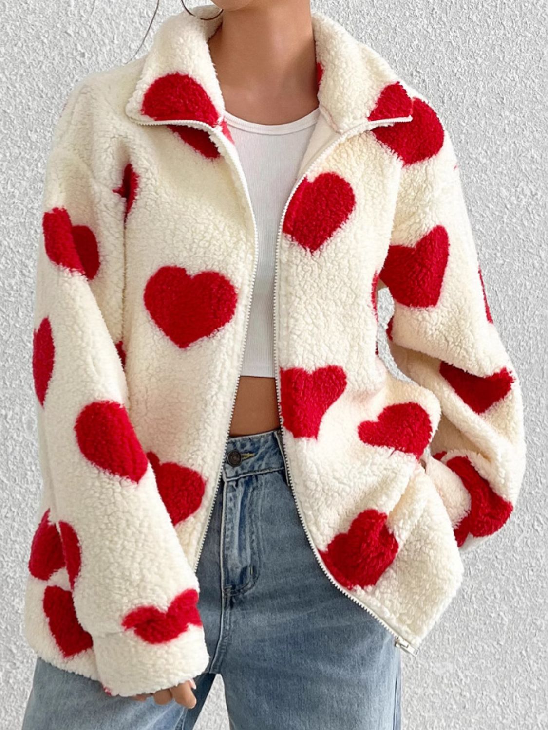 Outfit Flow - Heart Zip Up Drop Shoulder Furry Jacket