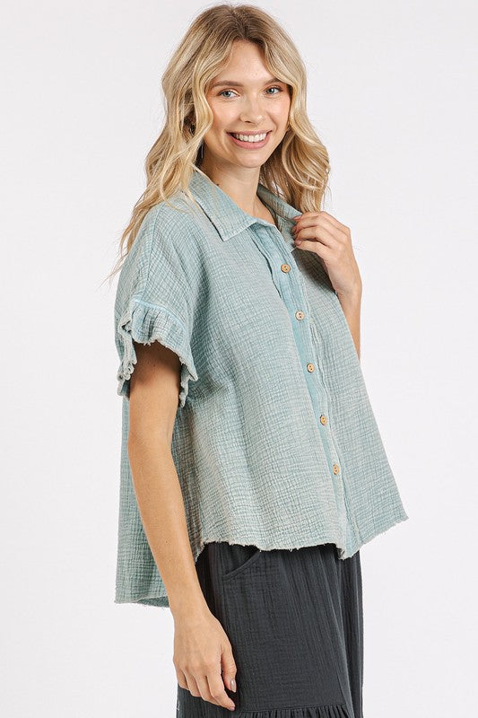 Mittoshop Mineral Washed Button Down Flounce Sleeve Shirt OutfitFlow