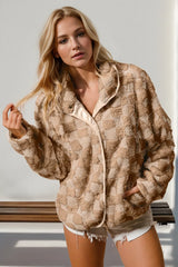 Double Take Checkered Long Sleeve Fuzzy Jacket Camel Trendsi