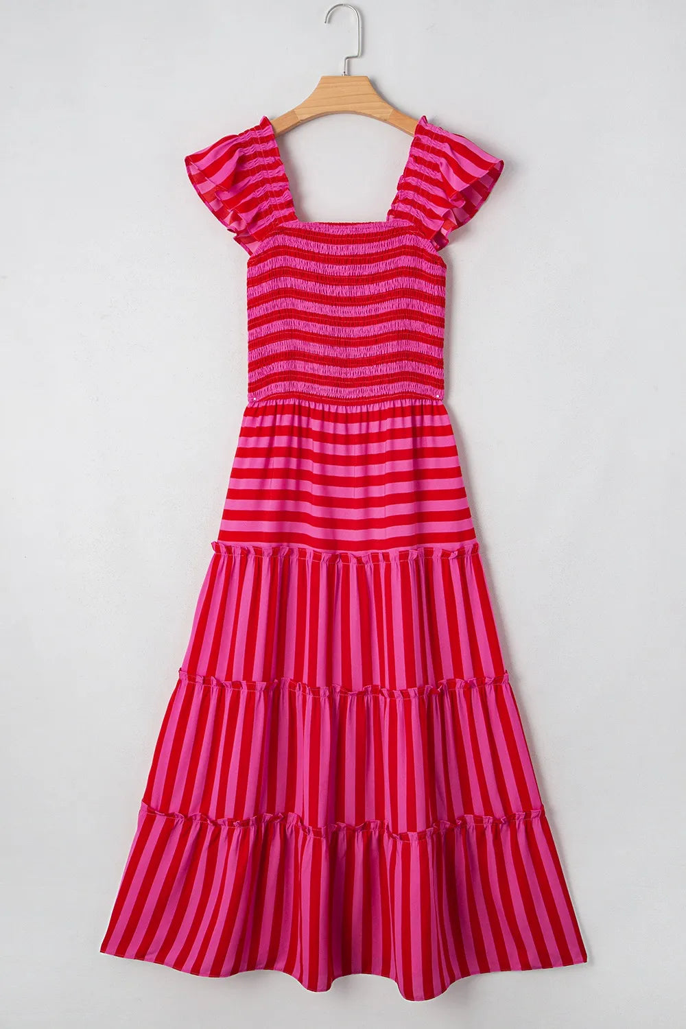 Stripe Flutter Sleeve Smocked Bodice Tiered Maxi Dress OutfitFlow