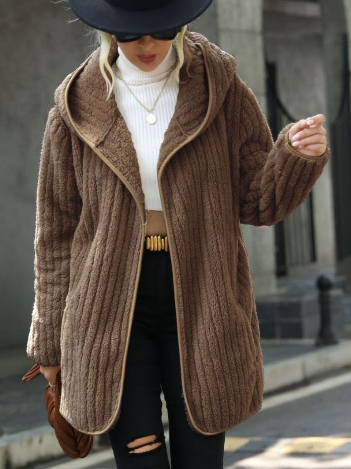 Open Front Ribbed Hooded Coat Taupe Trendsi