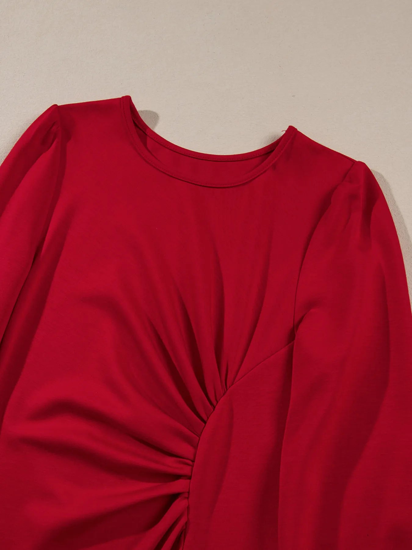 Solid Color Ruched Detail Long Sleeve Midi Dress OutfitFlow