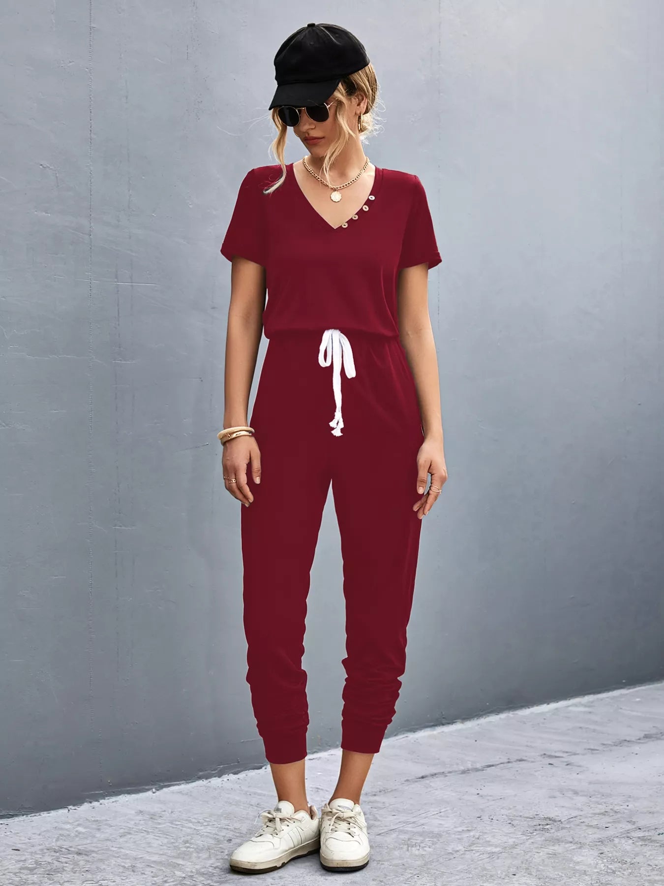 Casual V-Neck Short Sleeve Drawstring Waist Jumpsuit Trendsi