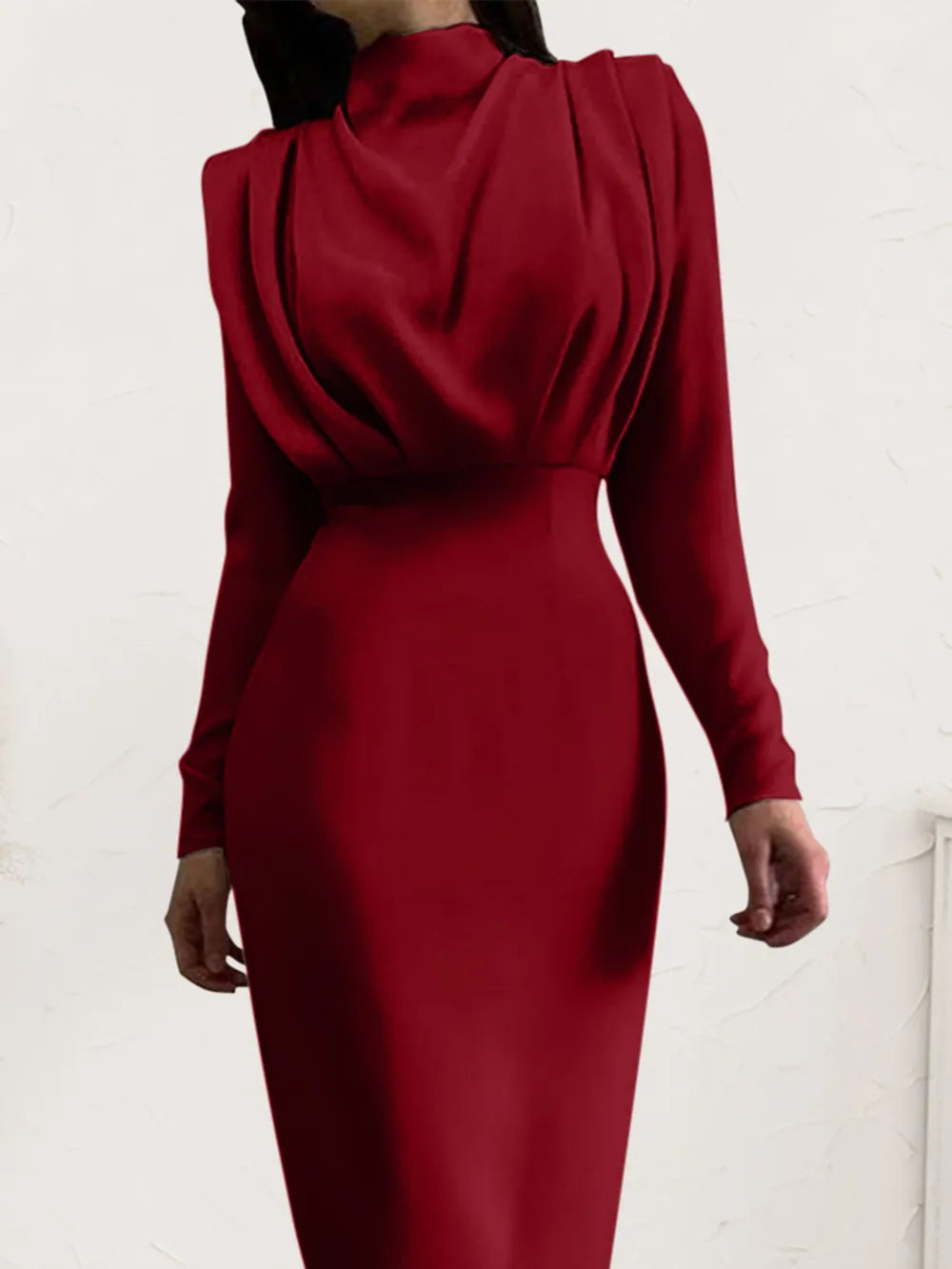 Ruched Turtleneck Long Sleeve Dress OutfitFlow