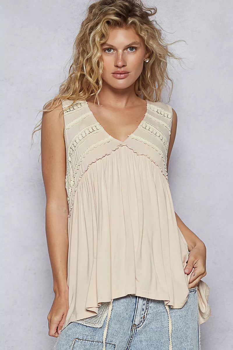 POL Lace Trim Babydoll Sleeveless Top with Ruffled and Raw Edge Detail OutfitFlow