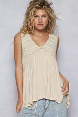 POL Lace Trim Babydoll Sleeveless Top with Ruffled and Raw Edge Detail OutfitFlow
