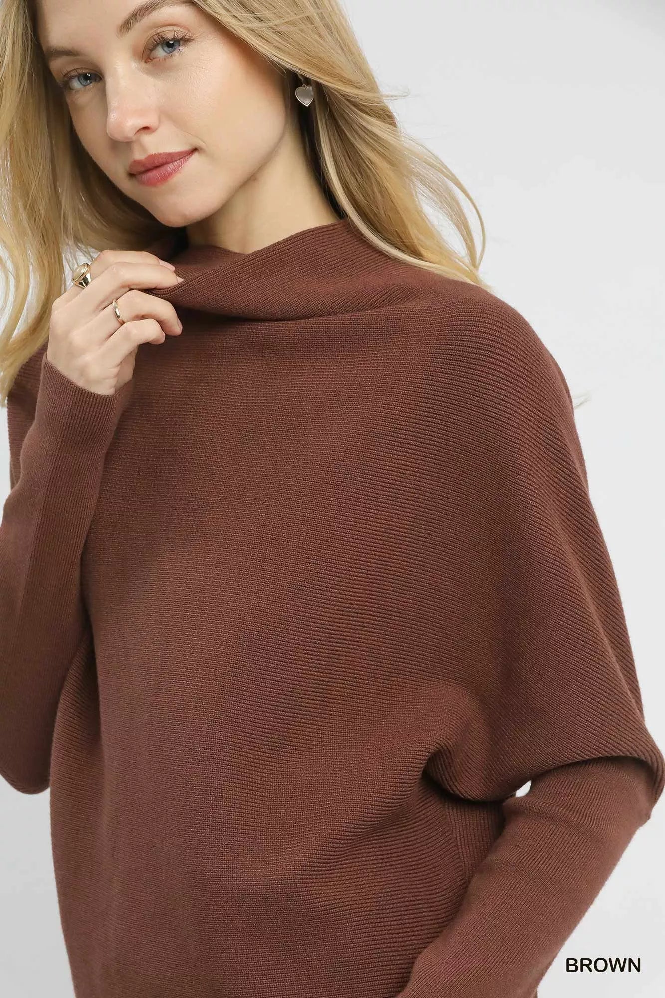 Umgee Draped Turtleneck Long Sleeve Knit Top OutfitFlow