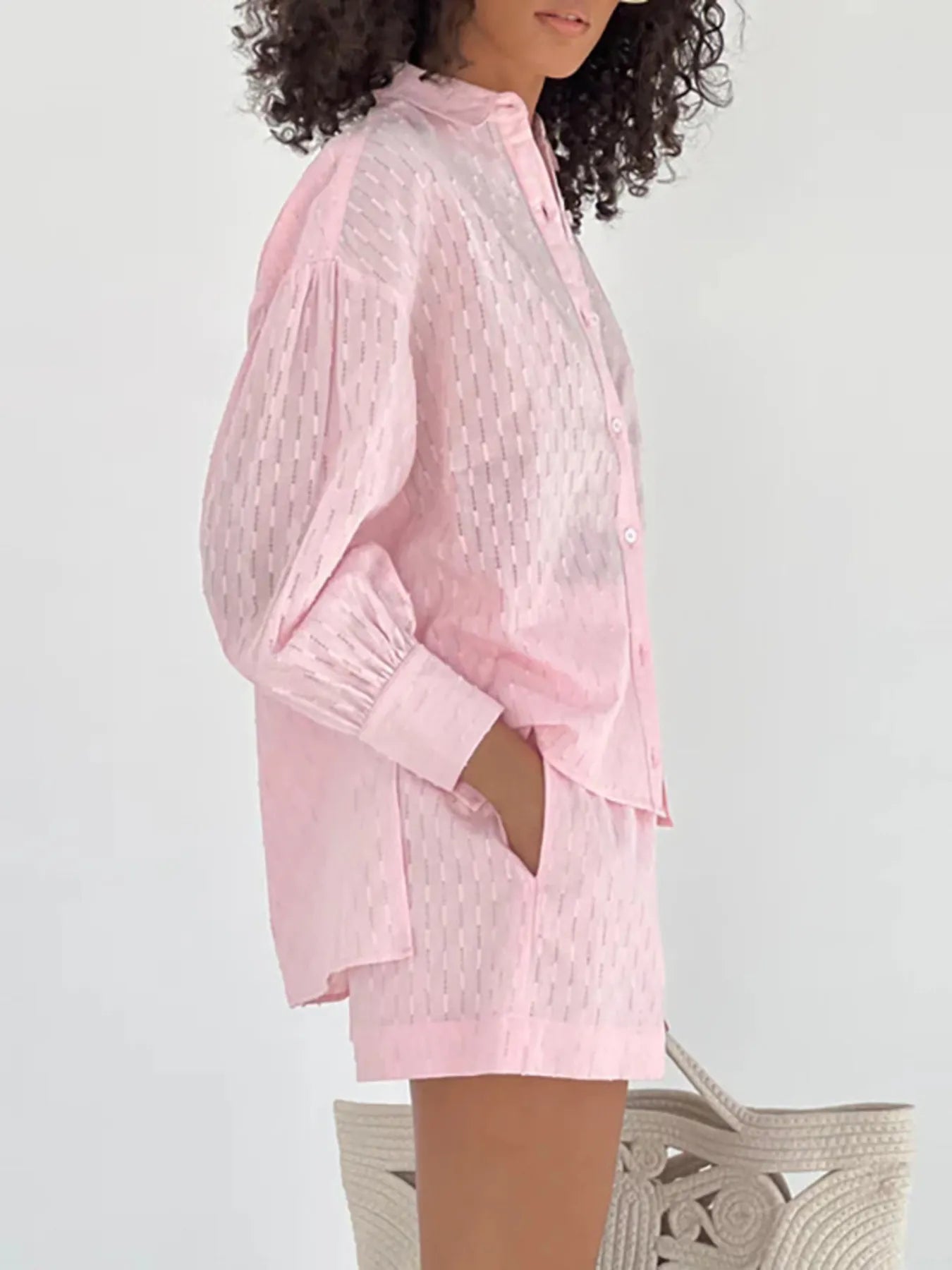 Textured Button-Up Shirt and Shorts Set OutfitFlow