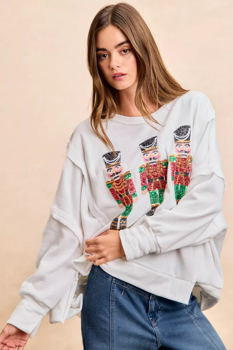 BiBi Christmas Sequin Nutcrackers Embroidery Sweatshirt OutfitFlow