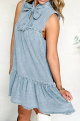 Tie Neck Sleeveless Denim Dress OutfitFlow