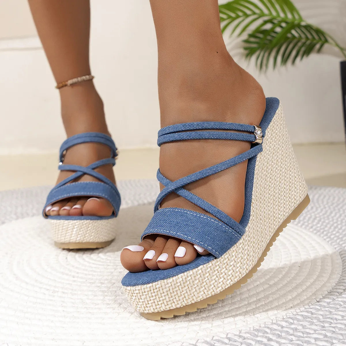 Open Toe Wedge Sandals Dusty Blue OutfitFlow