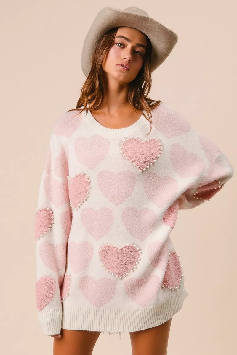 BiBi Heart Pattern Sweater with Pearl Detail OutfitFlow
