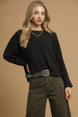 Umgee Brushed Fleeve Crewneck Top Black OutfitFlow