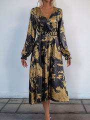 Outfit Flow - Perfee Printed Surplice Long Sleeve Midi Dress