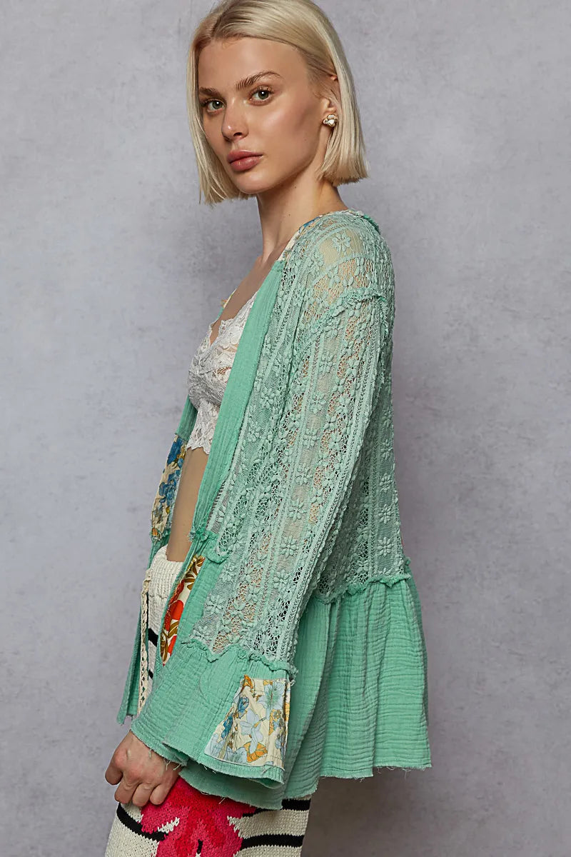 POL Lace Ruffled Hem Open Front Cardigan OutfitFlow
