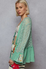 POL Lace Ruffled Hem Open Front Cardigan OutfitFlow