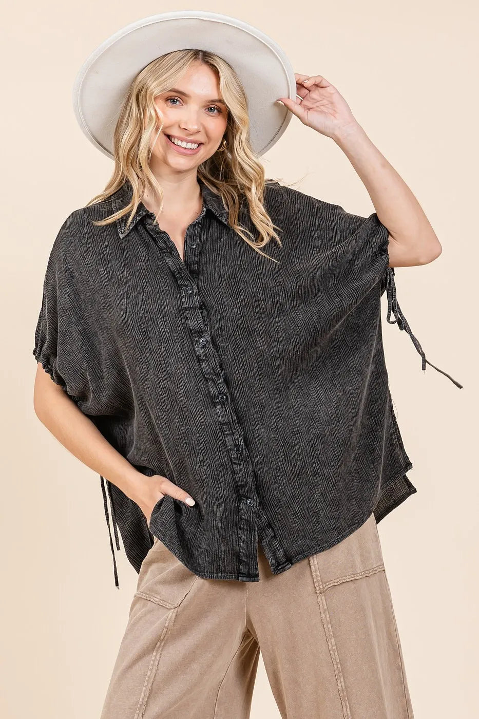 Mittoshop Mineral Wash Loose Fit Button Down Shirt OutfitFlow