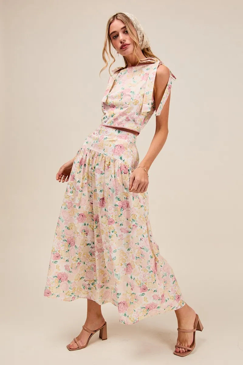 SO ME Floral Printed Woven Shoulder Bow Tie Top and Skirt Set OutfitFlow