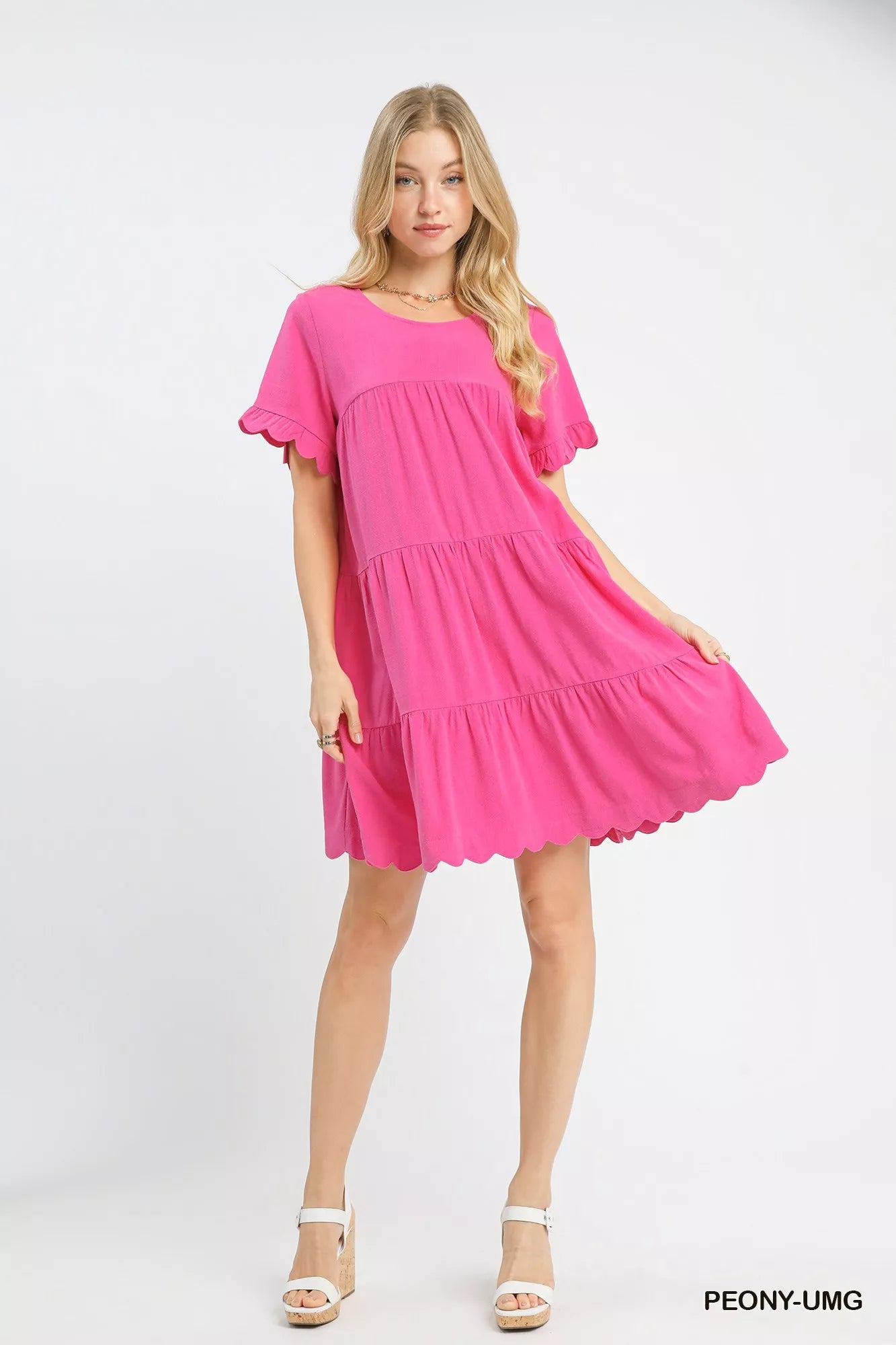 Umgee Linen Tiered Babydoll Dress with Ruffle Sleeves Trendsi