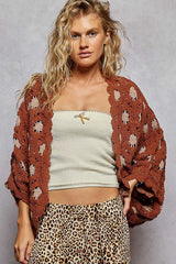 POL Openwork V-Neck Chenille Cardigan with Contrast Floral BRICK LATTE One Size OutfitFlow