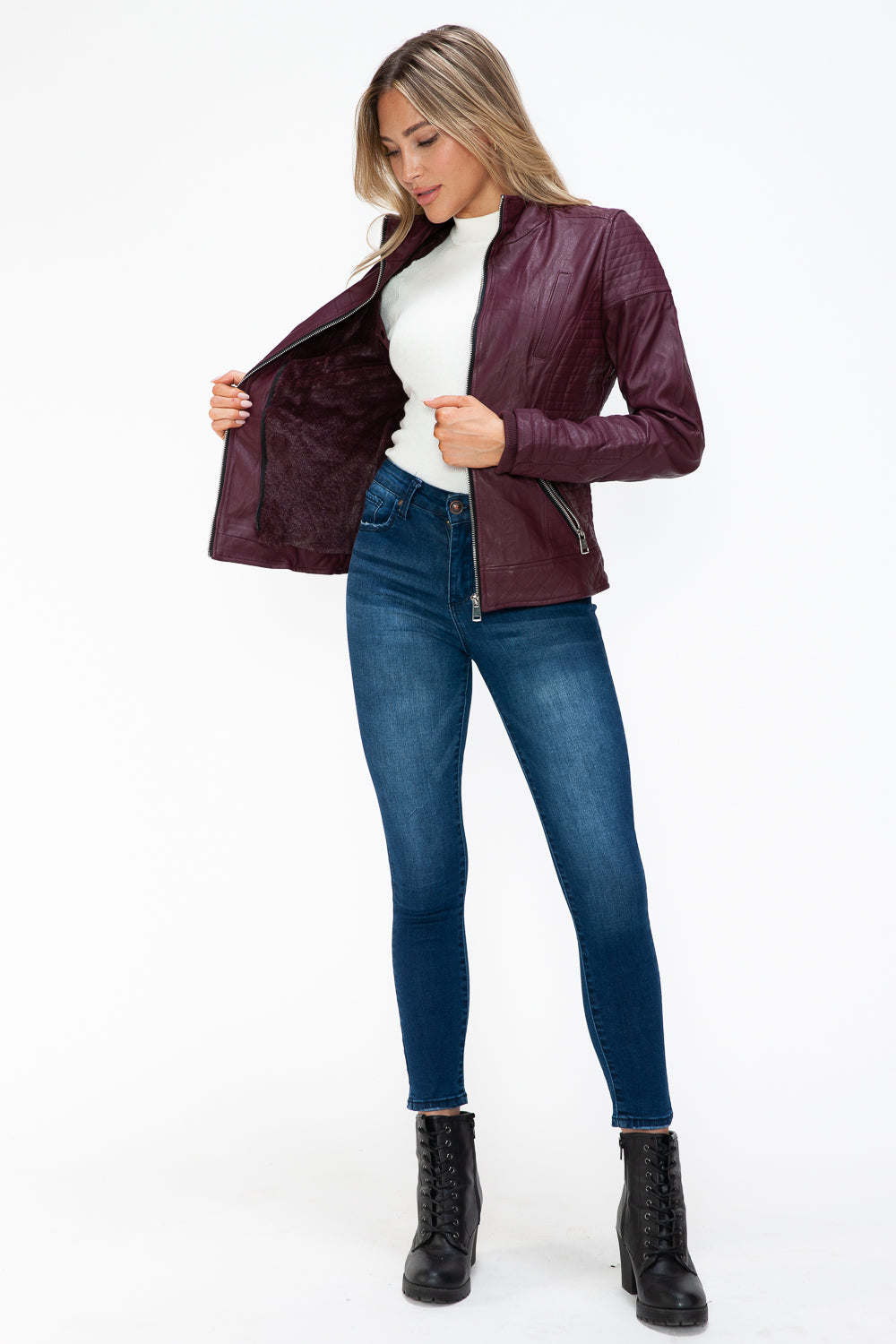 Outfit Flow - YMI Faux Layered Double-Zipper Jacket with Fuzzy Hood