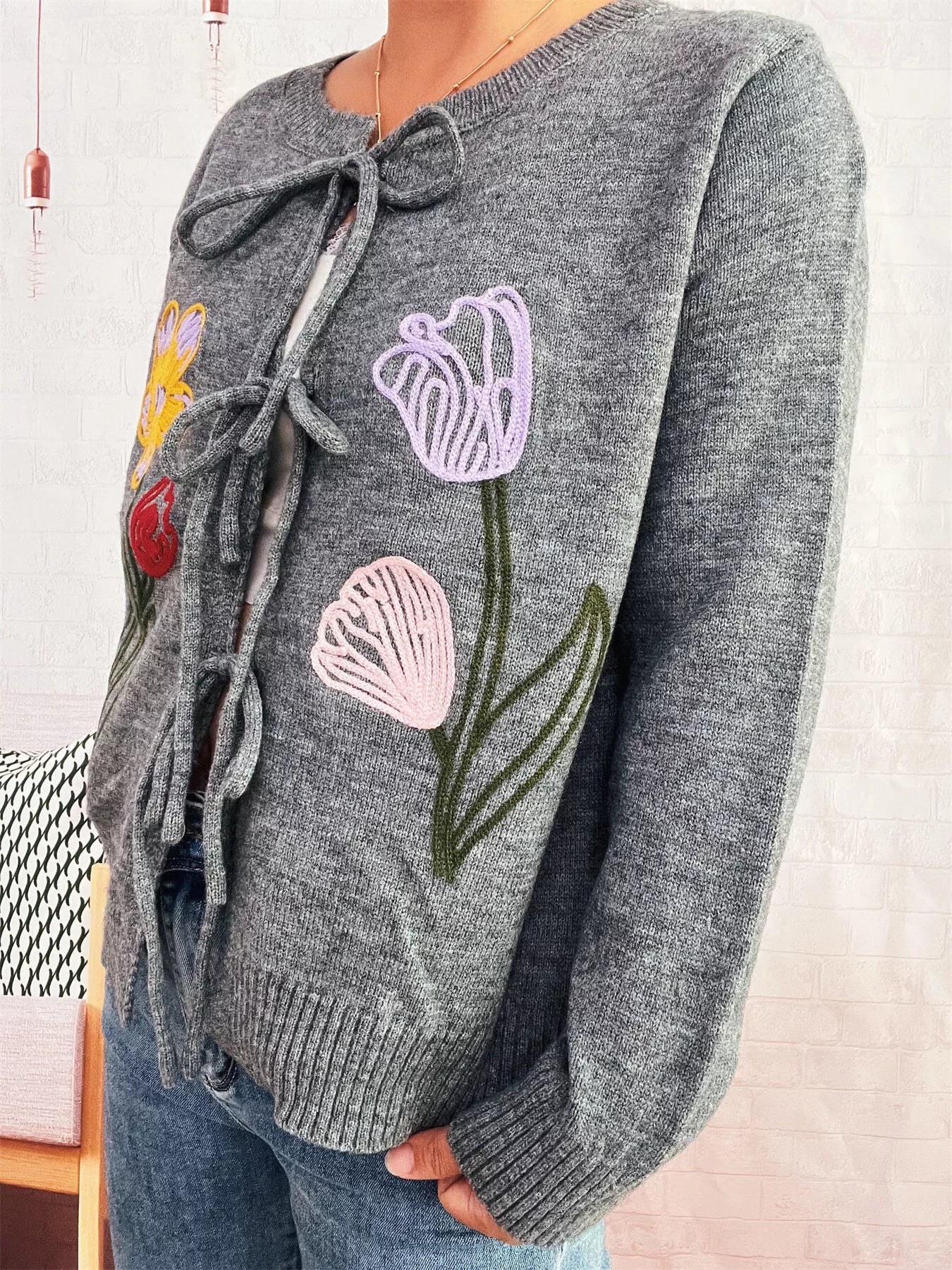 Floral Ribbed Hem Tie Front Cardigan OutfitFlow