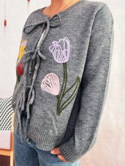 Floral Ribbed Hem Tie Front Cardigan OutfitFlow