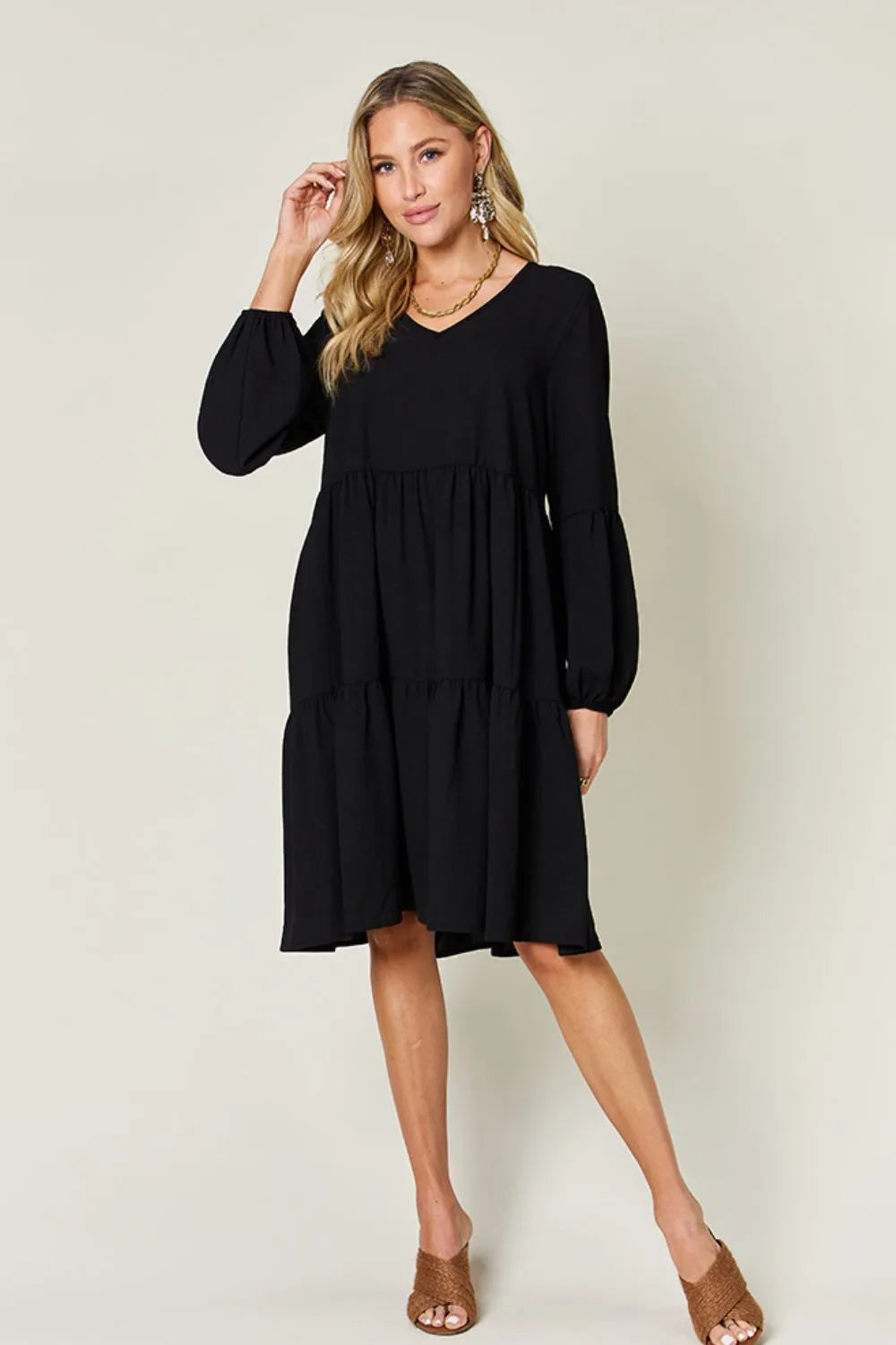 Double Take Full Size V-Neck Balloon Sleeve Tiered Dress with Pockets OutfitFlow