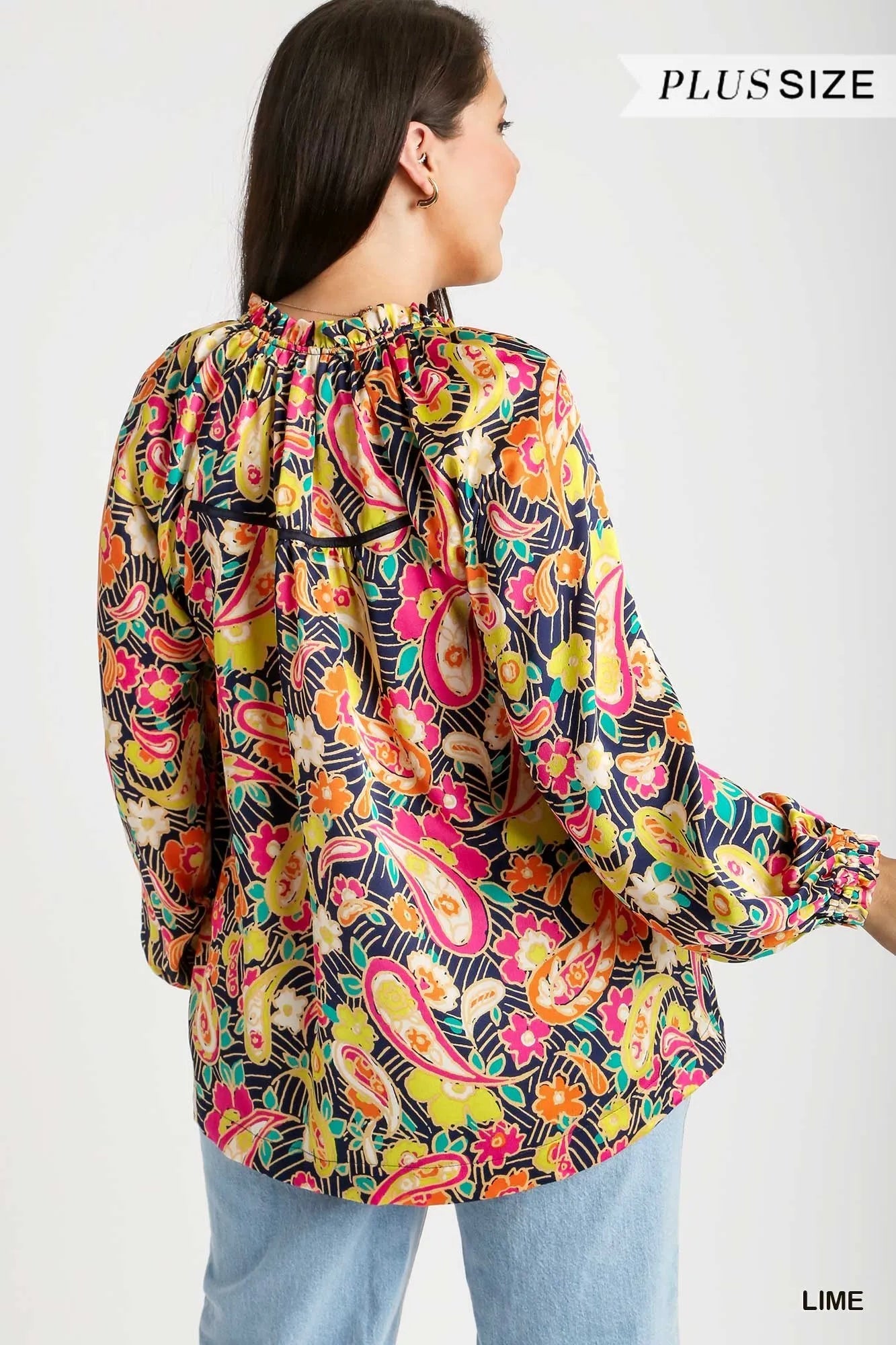 Umgee Full Size Satin Paisley Ruffle Neck Button-Up Shirt Plus Size Trendsi