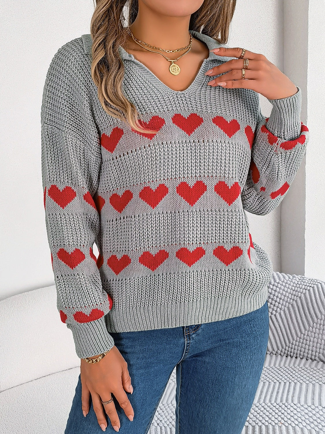 Heart Johnny Collar Long Sleeve Sweater