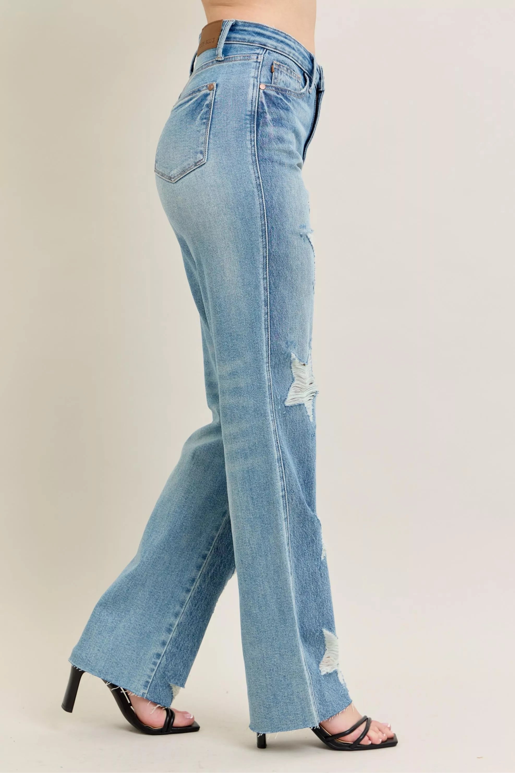 Judy Blue Full Size High Waist Rigid Magic Star Shaped Destroy 90's Straight Jeans Plus Size OutfitFlow