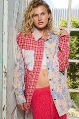 POL Patchwork Plaid Button-Up Shirt with Contrast Pockets OutfitFlow
