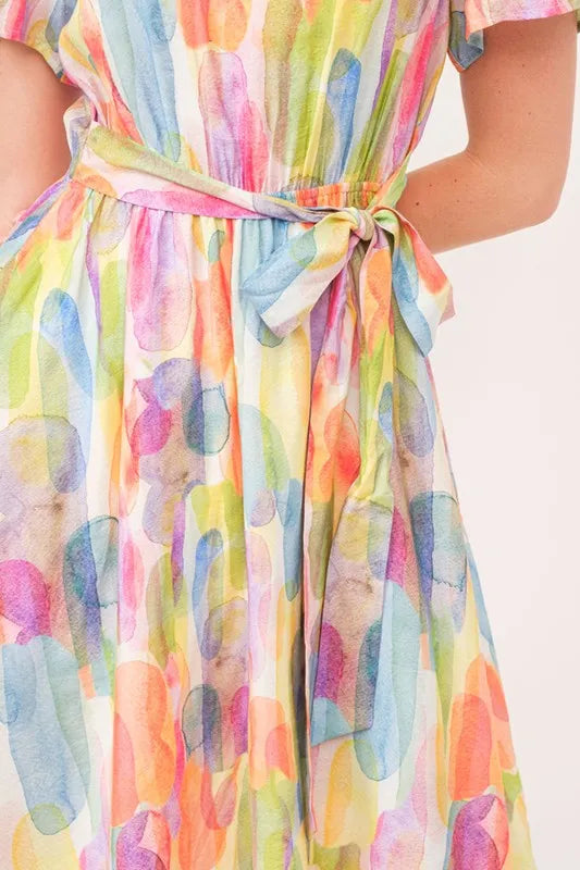 Lime 'N' Chili Watercolor Print Tie Front Midi Dress OutfitFlow